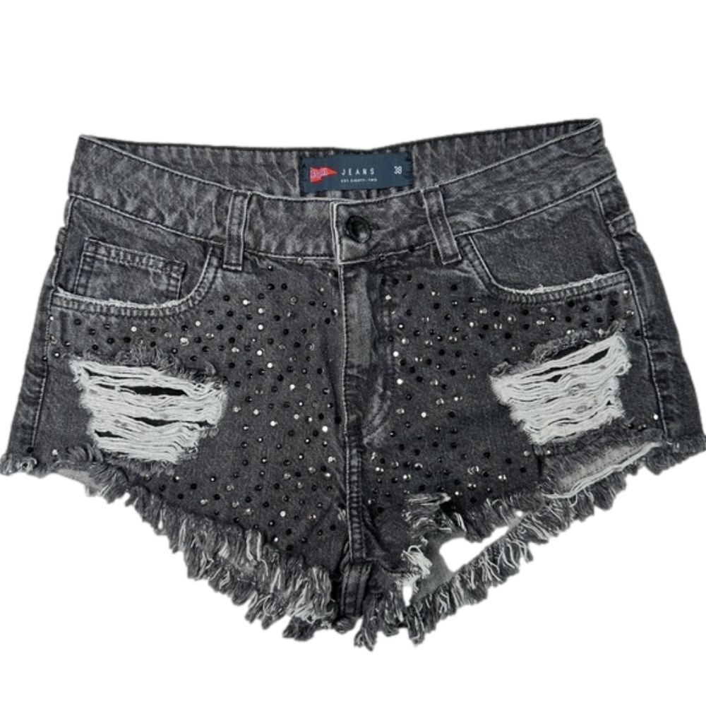 Pool Denim Jeans Cheeky Beaded Faded Black Shorts Size EU 38 (US 6)